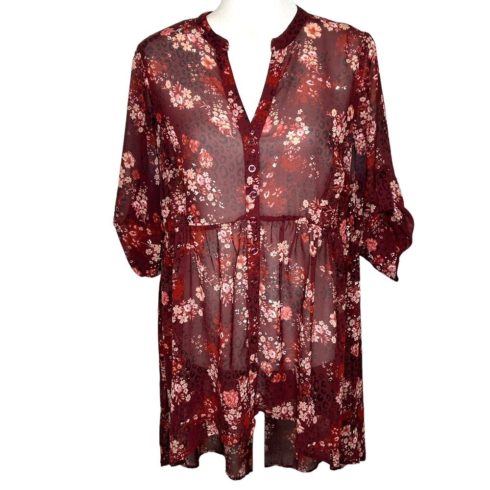 Torrid Burgundy Floral Chiffon V-Neck Roll Tab Sleeve Tunic Duster Top Blouse